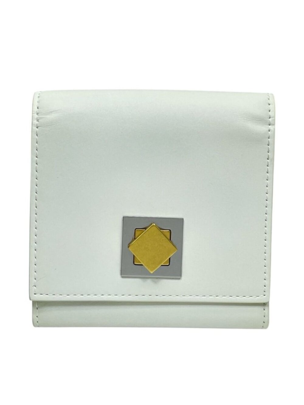 Bottega Veneta Twist Lock Trifold Wallet Compact Leather White Gold Business